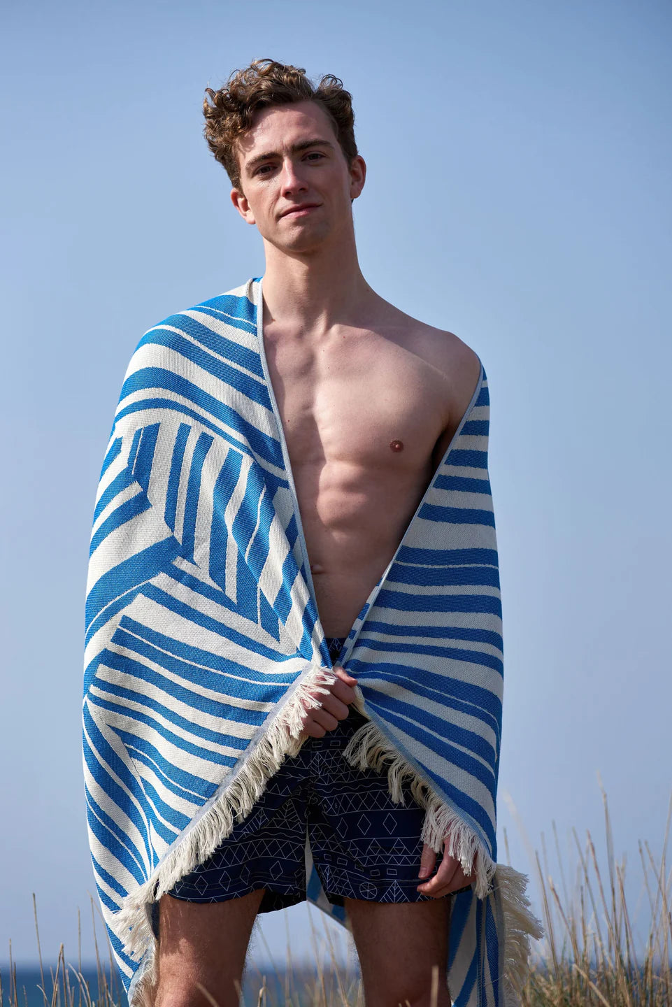 Feather Beach Towel Cycladic Tiles Bright Blue