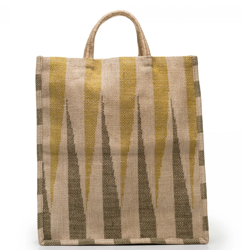Jute Tote with Dinajpur handles yellow/khaki ikat