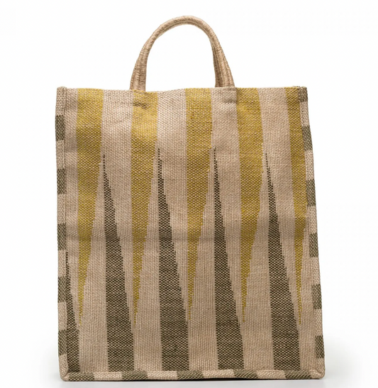 Jute Tote with Dinajpur handles yellow/khaki ikat