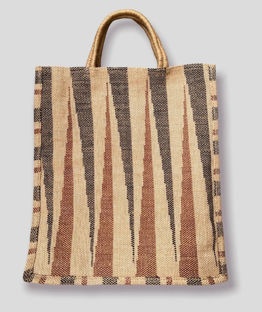 Jute Tote with Dinajpur short handles - blue and brown ikat
