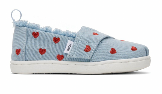 TOMS TINY Pastel Blue Washed Denim / Metallic Embroidered Hearts