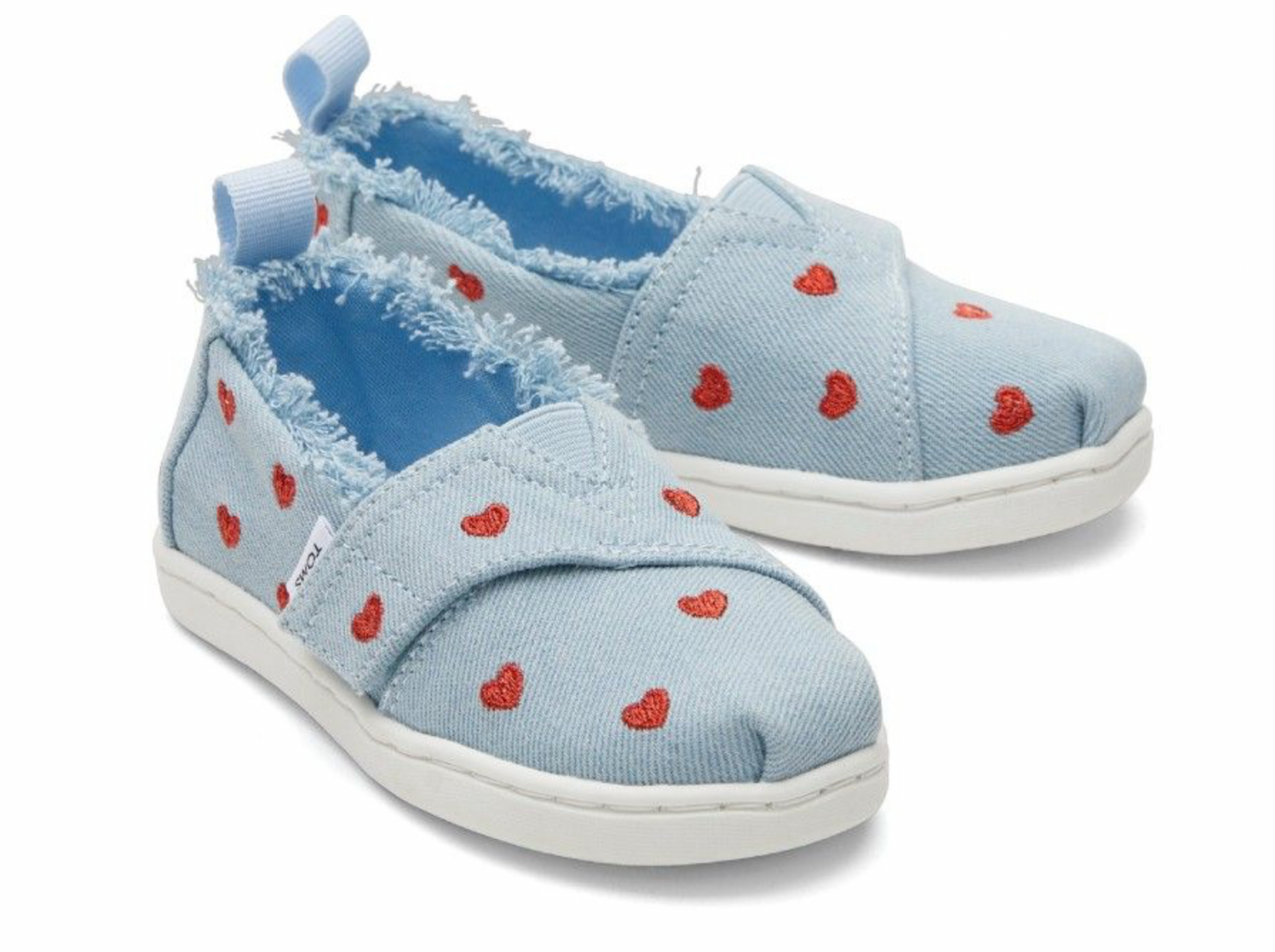 TOMS TINY Pastel Blue Washed Denim / Metallic Embroidered Hearts
