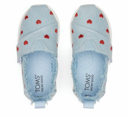 TOMS TINY Pastel Blue Washed Denim / Metallic Embroidered Hearts