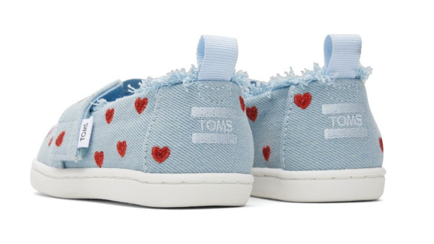 TOMS TINY Pastel Blue Washed Denim / Metallic Embroidered Hearts
